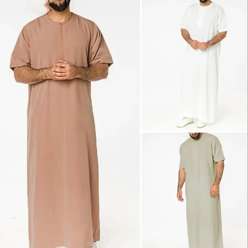 Noví moslimskí muži bavlna rúcho muž s krátkym rukávom Pevná farba abaya morčacie islamské arabské qiamis dubaj Príležitostné eid mužské oblečenie