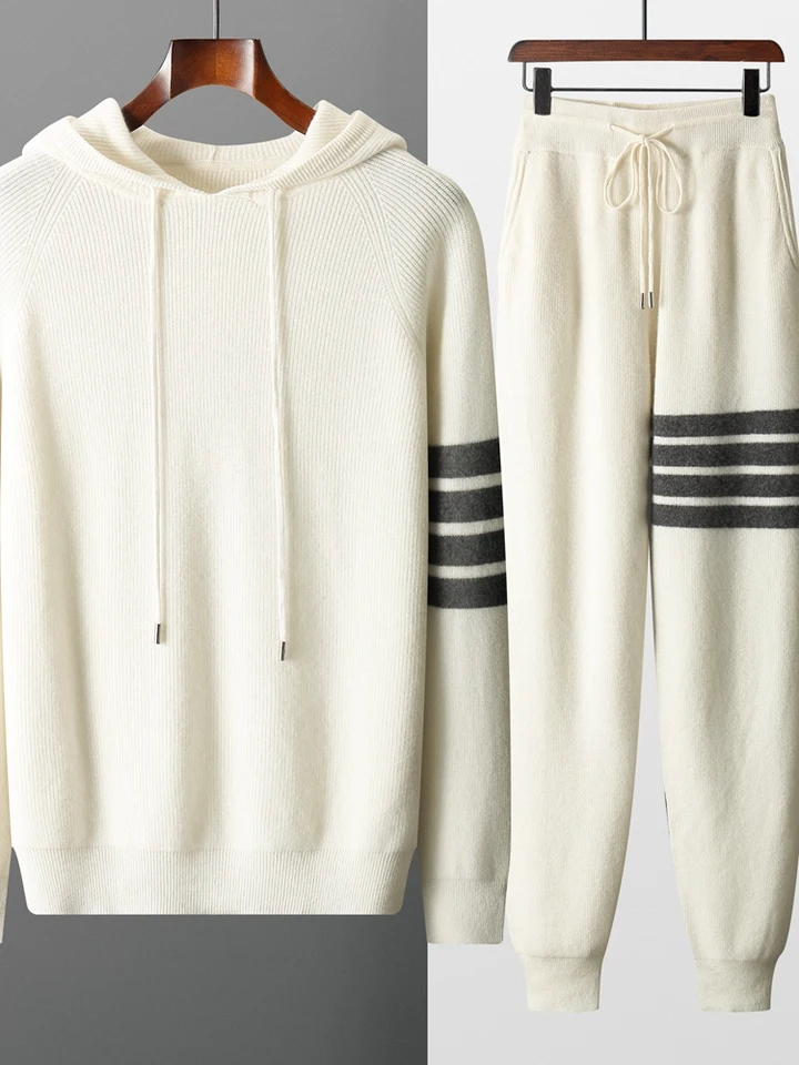 Noví muži Cashmere sveter oblek s kapucňou Pullover Príležitostné nohavice 100% merino vlnené pletenie