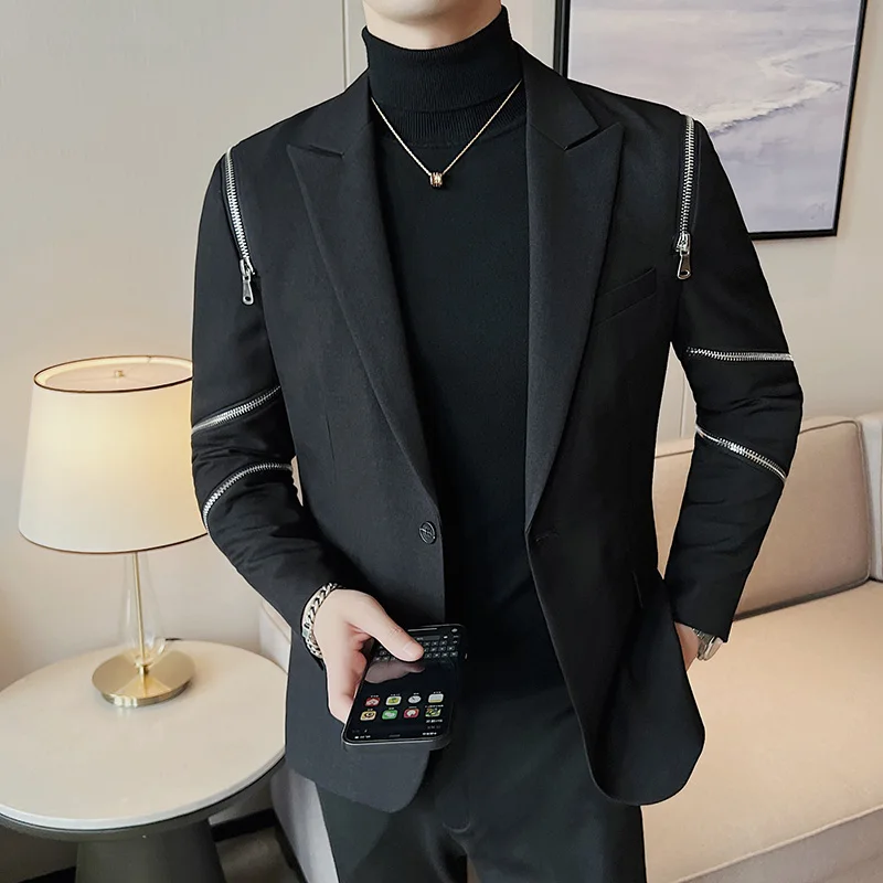 Noví muži Dance Party Casy Suck Bunda Fashion Zipper Decorácie Mle Business Leisure Black Blazers Skleno