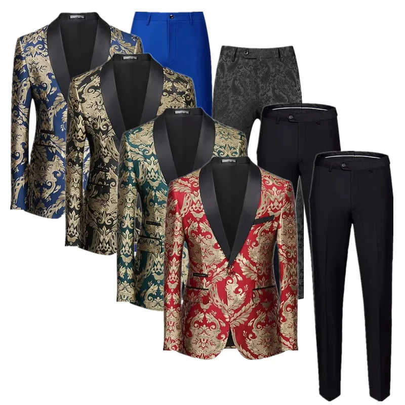 Noví muži Jacquard Suit 2 -Place Black / Blue / Model Masale Male Luxury Business Wedding Prom Party Dress Blazer a nohavice