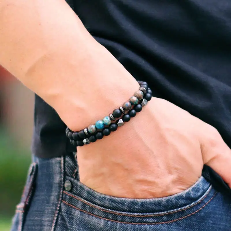 Noví módne muži náramok set 2ks prírodný 6 mm onyx biely howlite tiger oči kamenné bratia doplnky