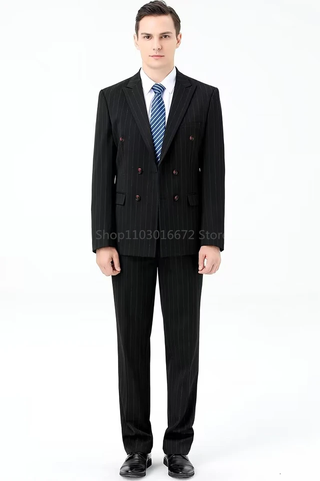 Noví prúžkovaní muži oblek formálny ženích smokedos vrchol klopu Slim Fit Double Breasted Blazer Pants Set 2 -kusové obchodné mužské obleky