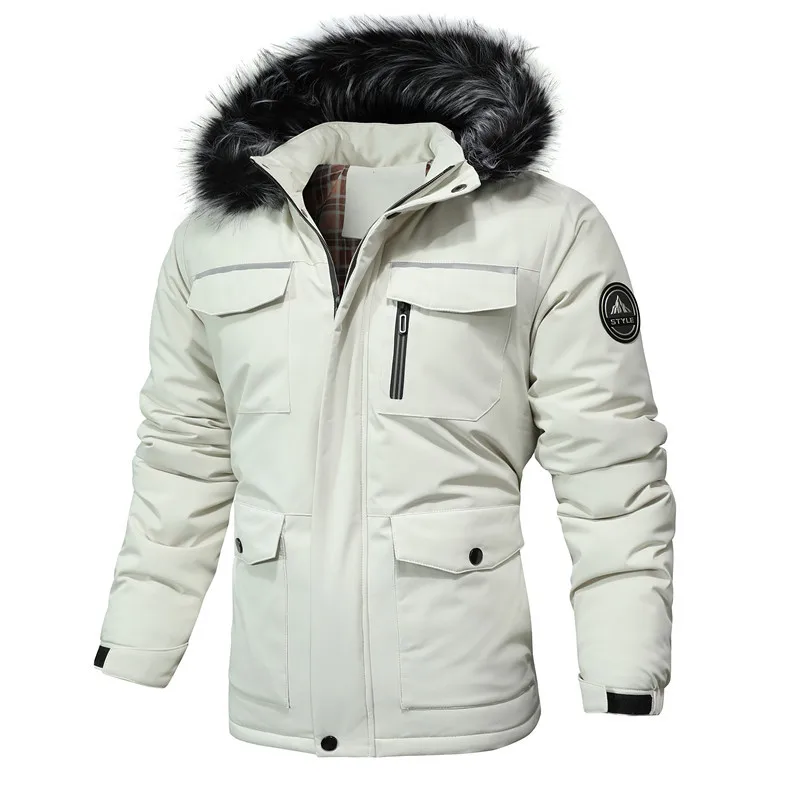 Noví zimní muži s kapucňou kožušiny teplé parky dole bundy Vysoko kvalitné mužské fleece hrubšie kabáty hombre neformálne bundy veľkosť 4xl
