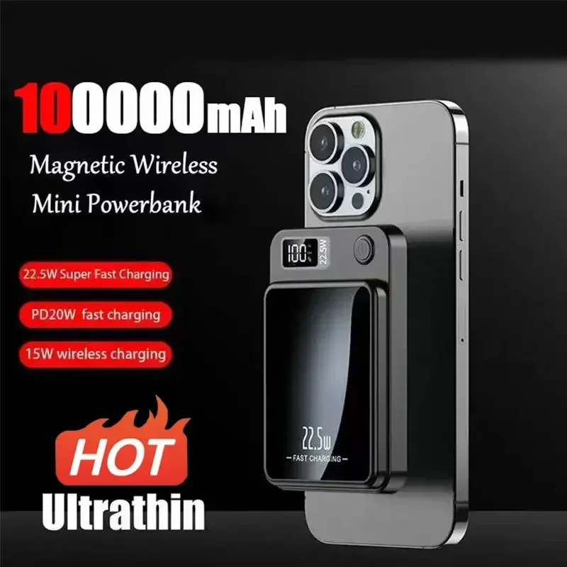NOVÝ 100 000 mAh Wireless Power Bank Magnetic QI Prenosný Powerbank Type C Mini rýchla nabíjačka pre iPhone Samsung MacSafe