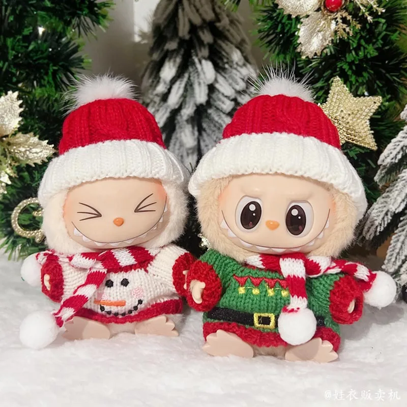 Nový 17 cm prvej a druhej generácie Labubu Doll Doll Vianočné oblečenie slepá skrinka Macaron LaBubu prívesok Santa Claus Sweater Set