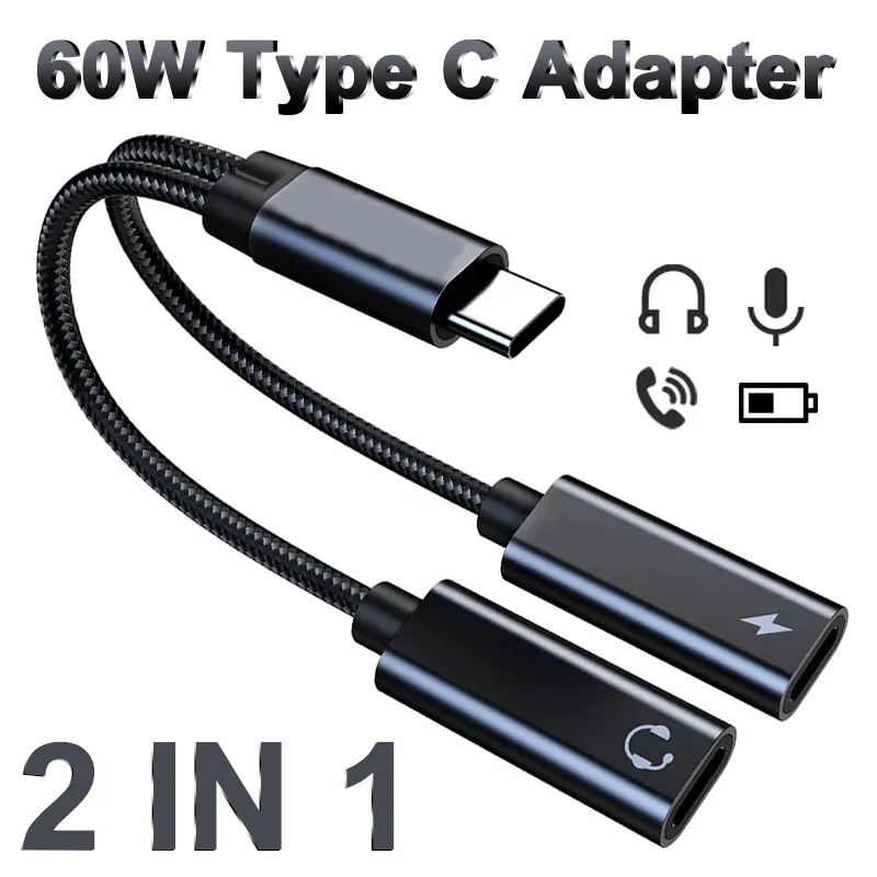 Nový 2 v USB C Type C Splitter na duálny typ USB C pre slúchadlá Jack Audio Adaptér Rýchle nabíjanie 60 W pre Samsung iPhone 15 Huawei