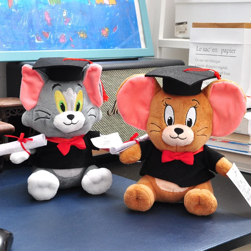 Nový 20 cm PhD Tom a Jerry Scdlá zvierací hračky Kawaii Cute Cartoon Movie promócie oblečenej plyšovej bábiky