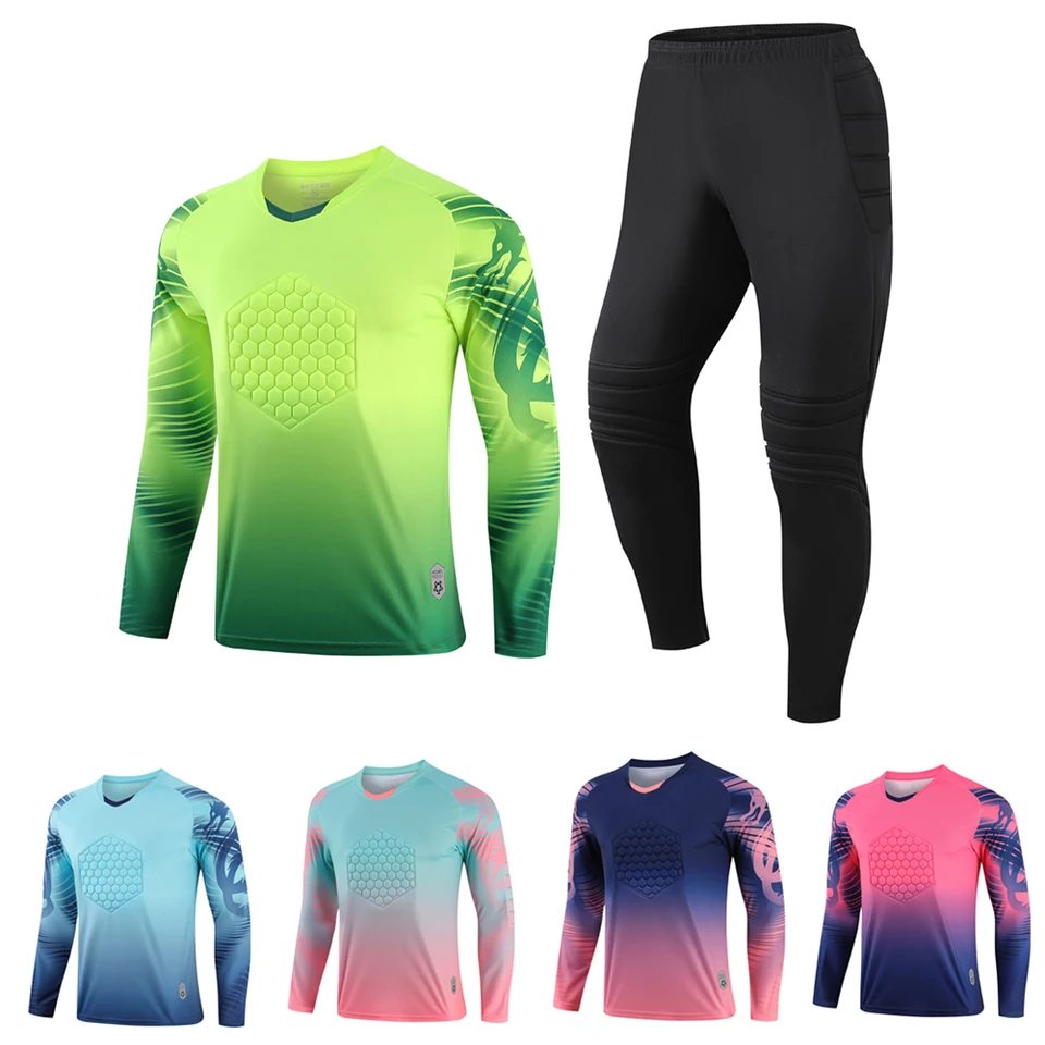 NOVÝ 2021 Pánsky futbalový tréning brankár Uniformný oblek, futbalový dres pre dospelých nastavený na nohavice s dlhým rukávom a ochranné špongie