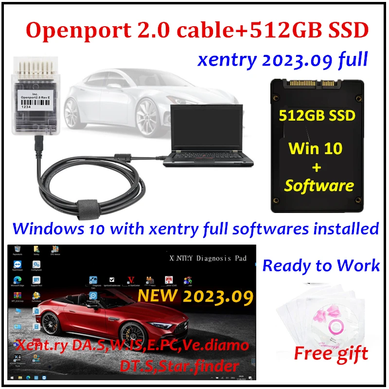 Nový 2023.09 Xentry DAS plný softvér s 512 GB SSD Vedia.mo, Dt.S, W.IS, E.PC, Star.Finder Diagnostic softvér+Openport 2.0