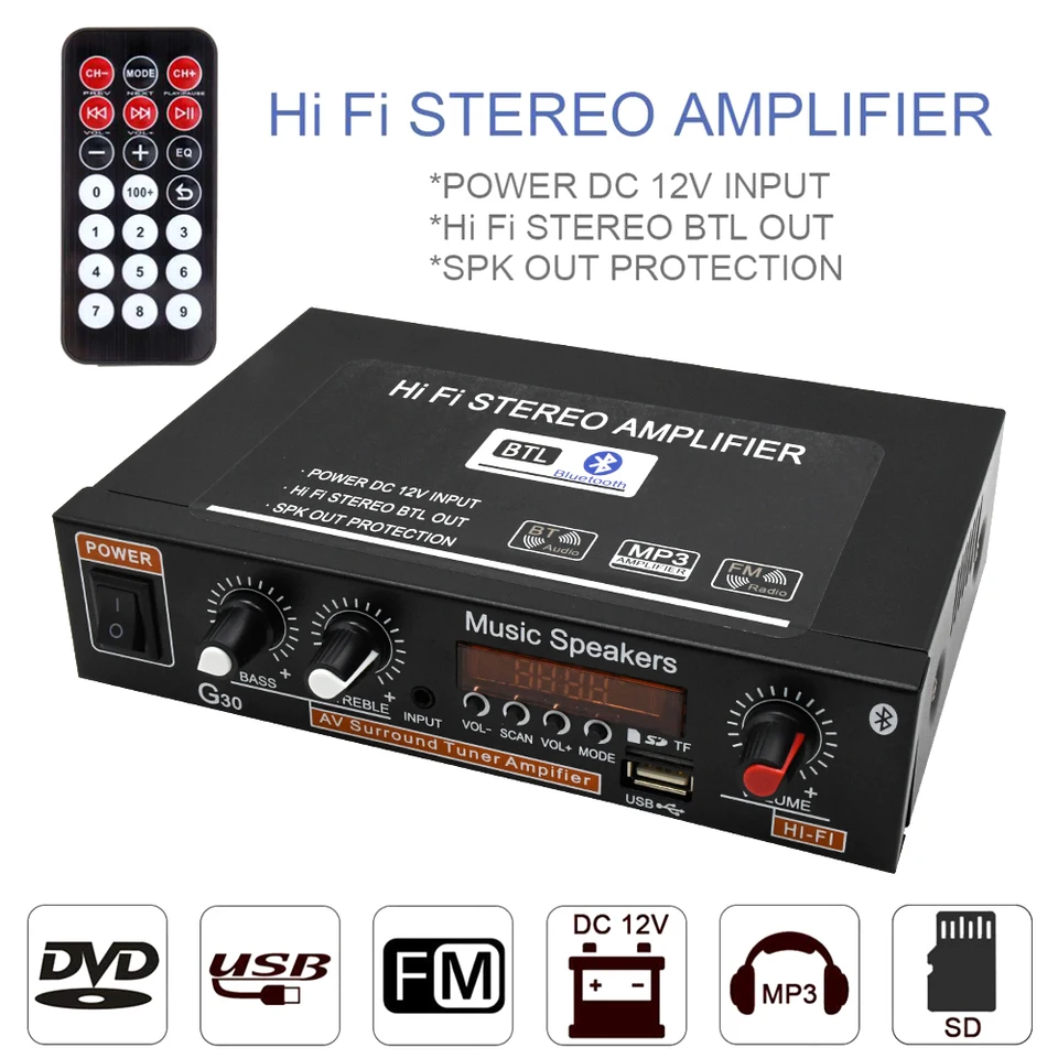 NOVÝ 800W G30 Digital Home Home zosilňovač Bluetooth kompatibilný HIFI Stereo Subwoofer Hudobný prehrávač Podpora FM TF AUX 2 kanál