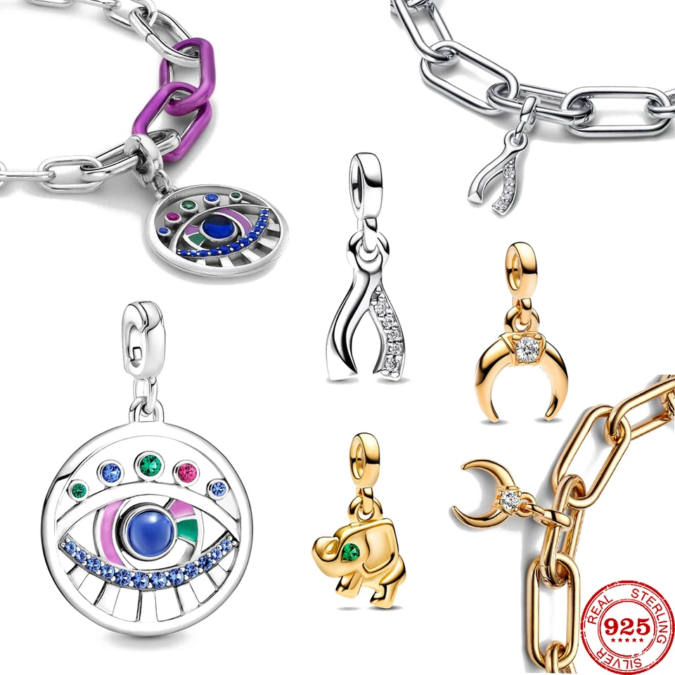 NOVÝ 925 SILVER ME SPRÁVA SPRÁVA ME Crescent Moon Elephant Wishbone Mini Bead Fit Fit Original Pandora Me Charm náramok