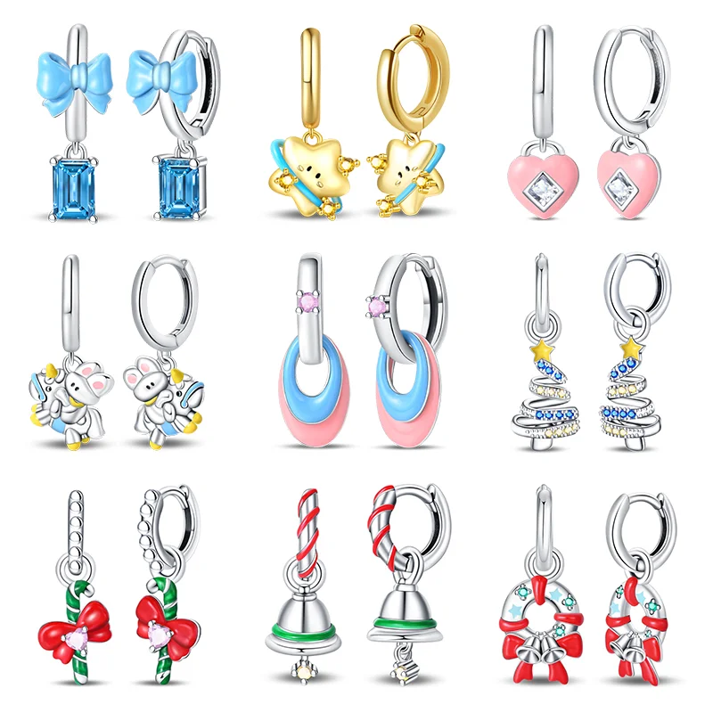 NOVÝ 925 Sterling Silver Fashion Vianoce ružové srdiečko Bow hviezda Carousel náušnice pre ženy, jemná svadobná hostina klenotníctvo darček