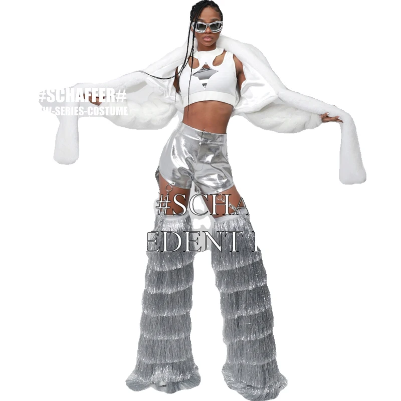 Nový bar Nightclub DS DJ Rave Outfit Sexy Gogo Dance Costy Women White Fur Sets Flitre Flicins Fringed Netghs