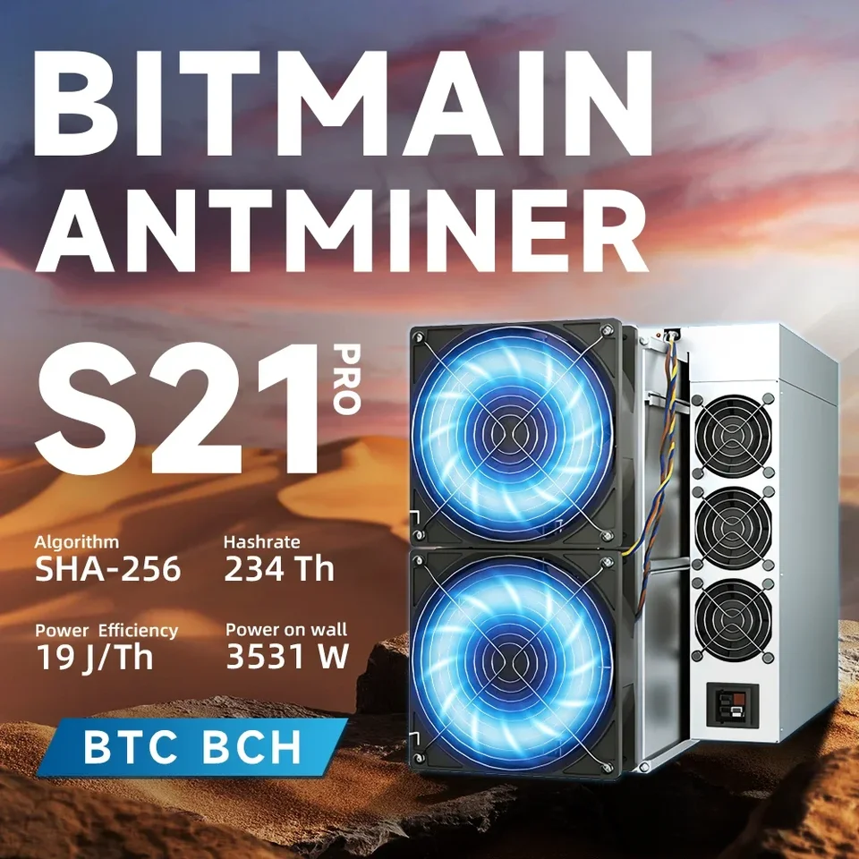 Nový bitmain antminer S21 Pro 234T Bitmain Miner 3510W/H 15J/T BTC BCH Crypto Mining Machine ASIC Miner s PSU
