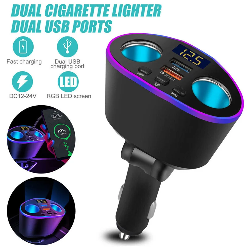 Nový Bluetooth 5.0 QC3.0 Dual USB Charger 2 -Way Car Cigaret Lighter Socket Splitter Power Adapter Hudba Hladka U Disk Support