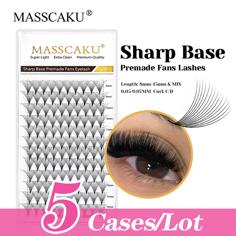 Nový dizajn 5Cases/Lot Masscaku 10D tenká koreňová špicatá základňa Lash Premium Velvet Fiber Sharp Base Premade Fans Fanses ľahko použiteľné