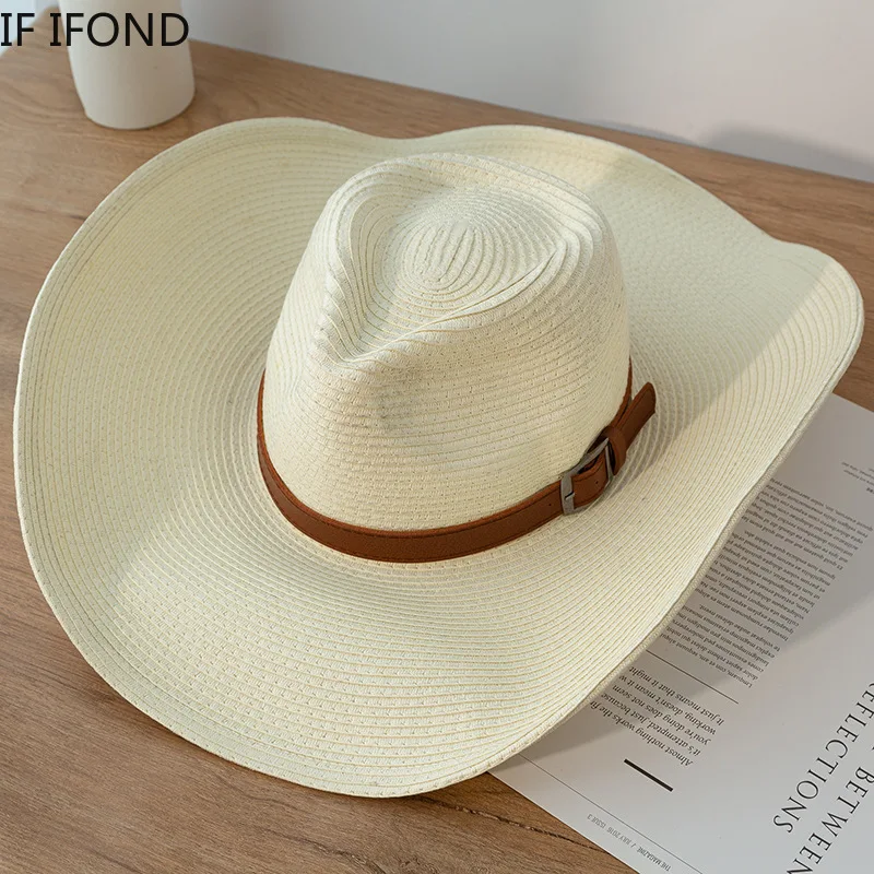 Nový dizajn Prírodný papier Západný kovbojský klobúk 13 cm Veľké široké okrajové ženy Meni letné plážové slamky klobúky Panama Cowgirl Jazz Sun Caps