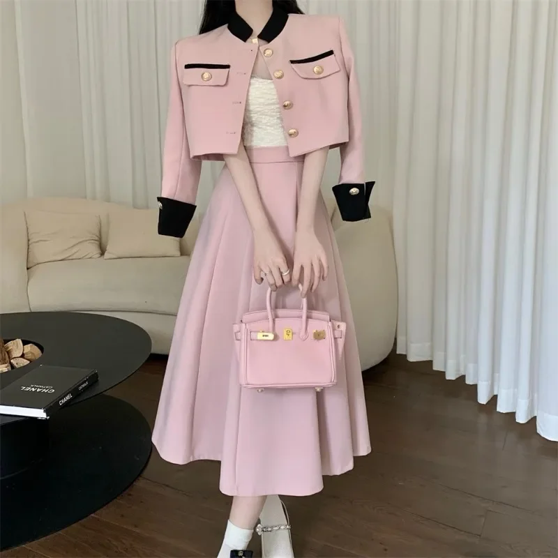 Nový dizajnér Autumn s dvoma kusmi Dámske ženy s jednou prsiami krátky kabát + sukňa s vysokým pásom Midi Aline Set Office Lady Elegantná