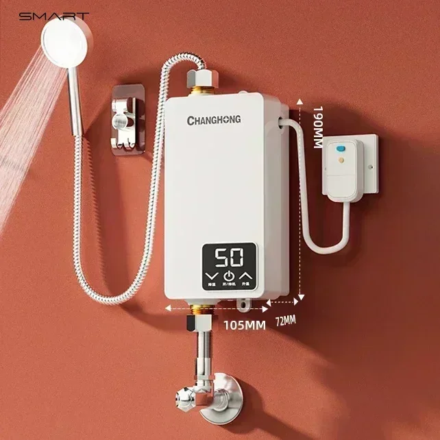 Nový domáci elektrický ohrievač vody. Okamžité a malé. Na kúpeľňu. Konštantná teplota. Priateľstvo pre nájomné.