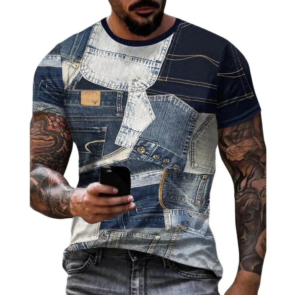 Nový džínsový vzor 3D pánske tričko Summer s krátkym rukávom O-Neck Pullover Fashion Street Sportwear Nadmerné ležérne oblečenie mužského pohlavia