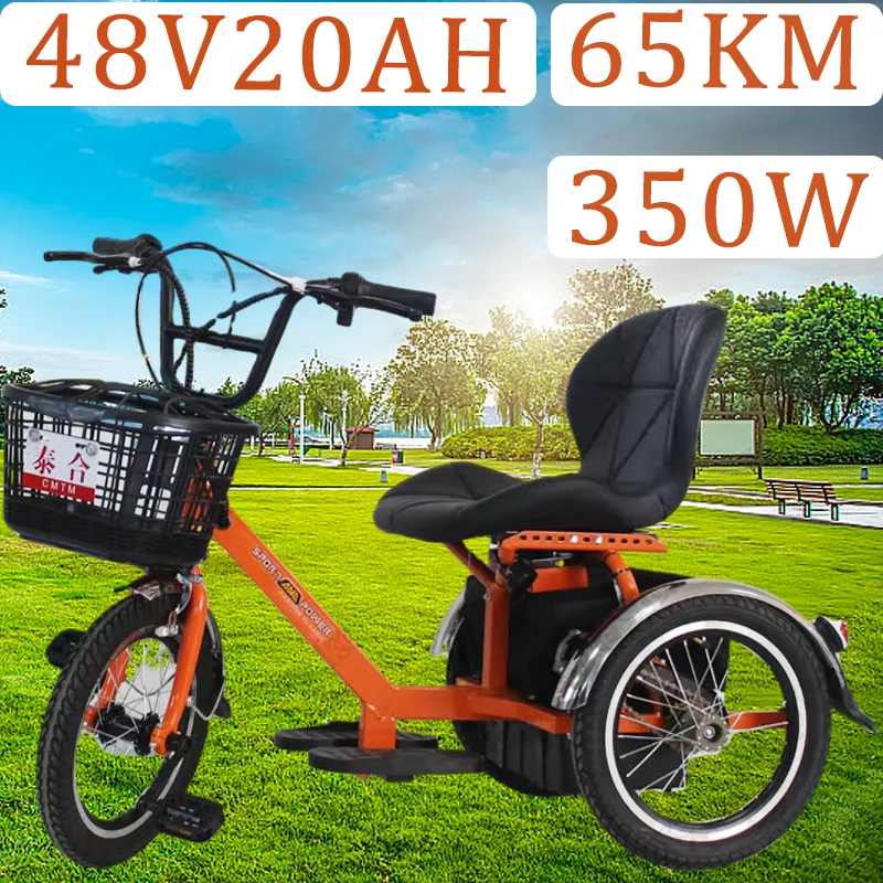 Nový elektrický trojkoles 48v20AH350W 3 kole Mobility Svooter vymeniteľná batéria E-bicykel s multifunkčnou elektrickou trojkolkou v koši