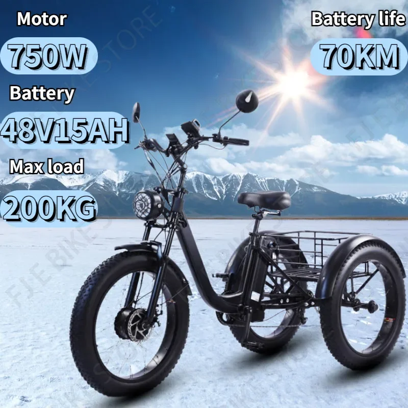 Nový elektrický trojkolesový bicykel 750 W motor 48 V 15AH lítium batérie 24*4,0 TUT TIRE CARGO 3-kolesový e-bicykel Dospelý snehový bicykel pre dospelých