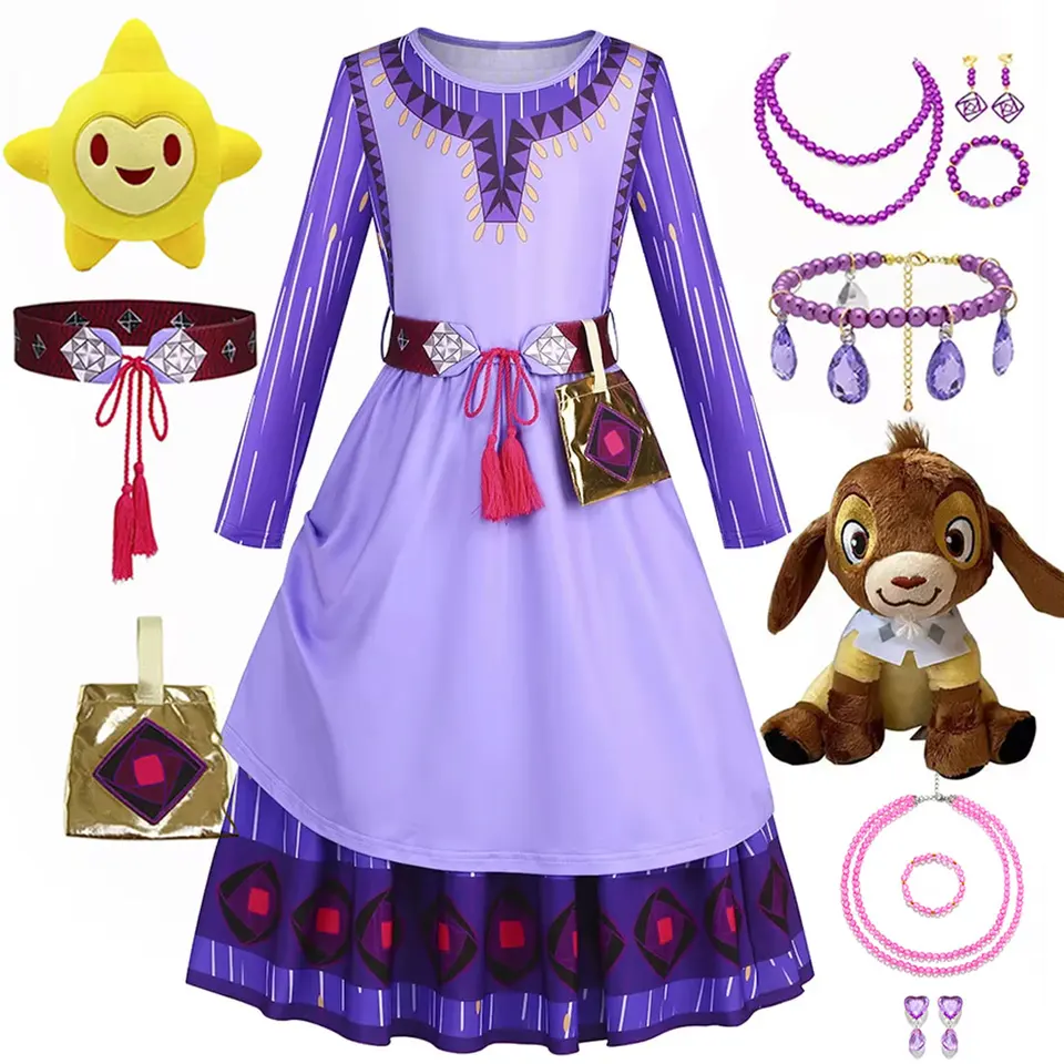 Nový film Wish Asha Dress for Girls Cosplay asha princezná oblečenie fialové dlhé rukávy s opaskom dievčatá narodeninové oslavy darček