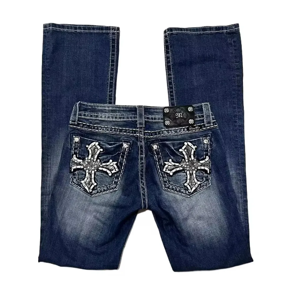 Nový gotický retro slečna mi topánka Cut Jeans Dámska modrá džínsová vyšíva