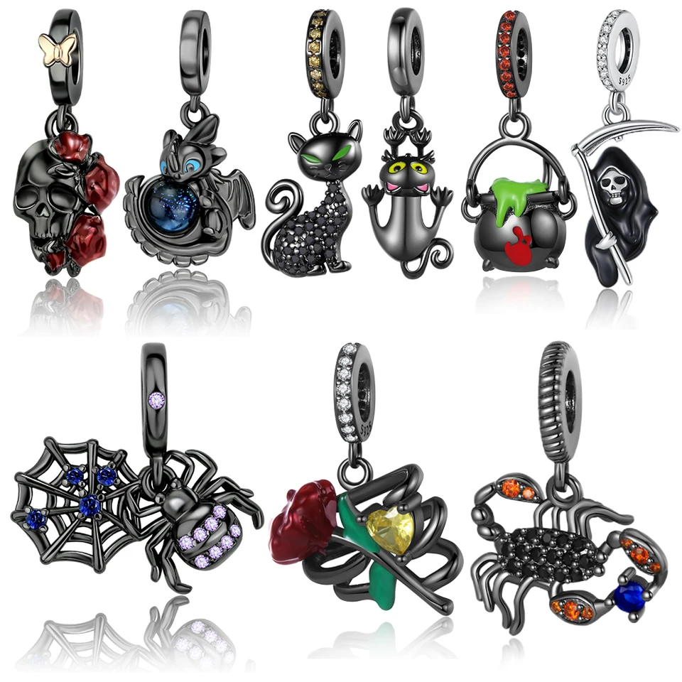 Nový gotický štýl 925 Sterling Silver Black Spider & Red Rose Skull & Scorpion & Death Dangle Parlo