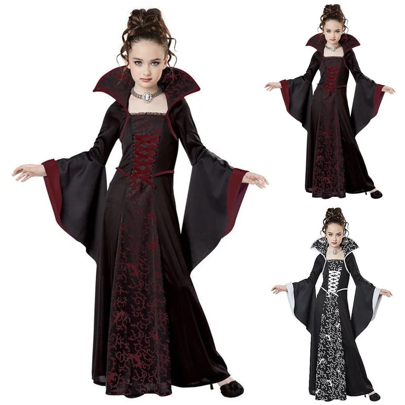 Nový Halloween kostým pre deti dievčatá upírske kostýmy dievča červené čierne stredoveké šaty kostým pre deti detské kostýmy pre večierok cosplay