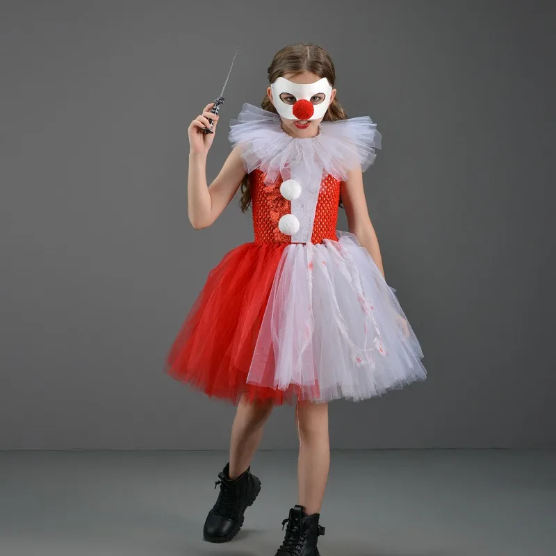 Nový Halloween kostým pre deti sivé dievčatá tutu šaty detské cosplay cosplay strašidelný klaun kostým Carnival Maškaráda Party sa oblieka 2-12 rokov