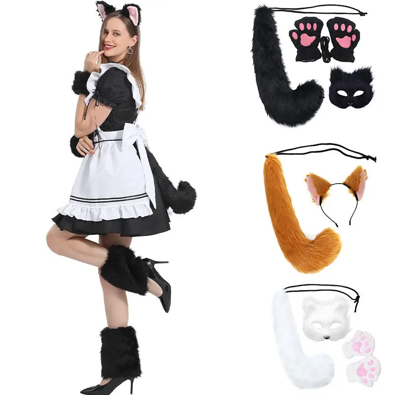 Nový horúci príchod Halloween Fauxfur Fox Tail Cat Cat Cosplay kostým Set Cuty Mask Halloween vianočná večierok pre adoult darčekovú hračku