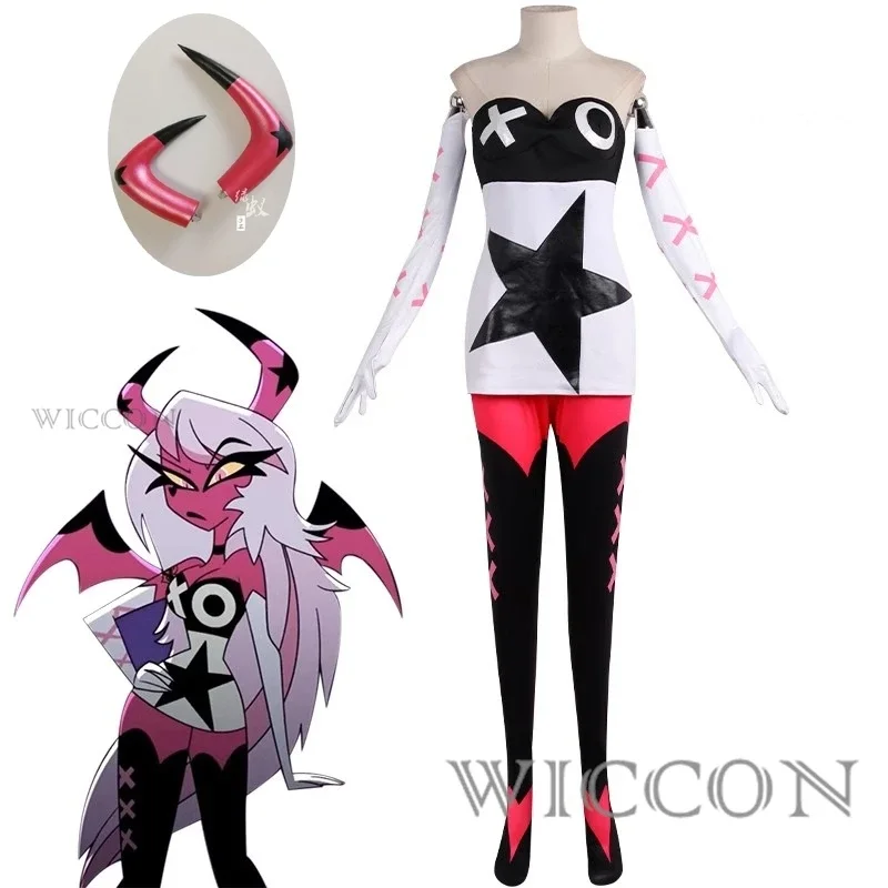 Nový hotel Hazbin Cosplay Hotel Helluva Boss Verosika Mayday Cosplay kostým Ženy Red Horn čelenka Vlasovňa prop