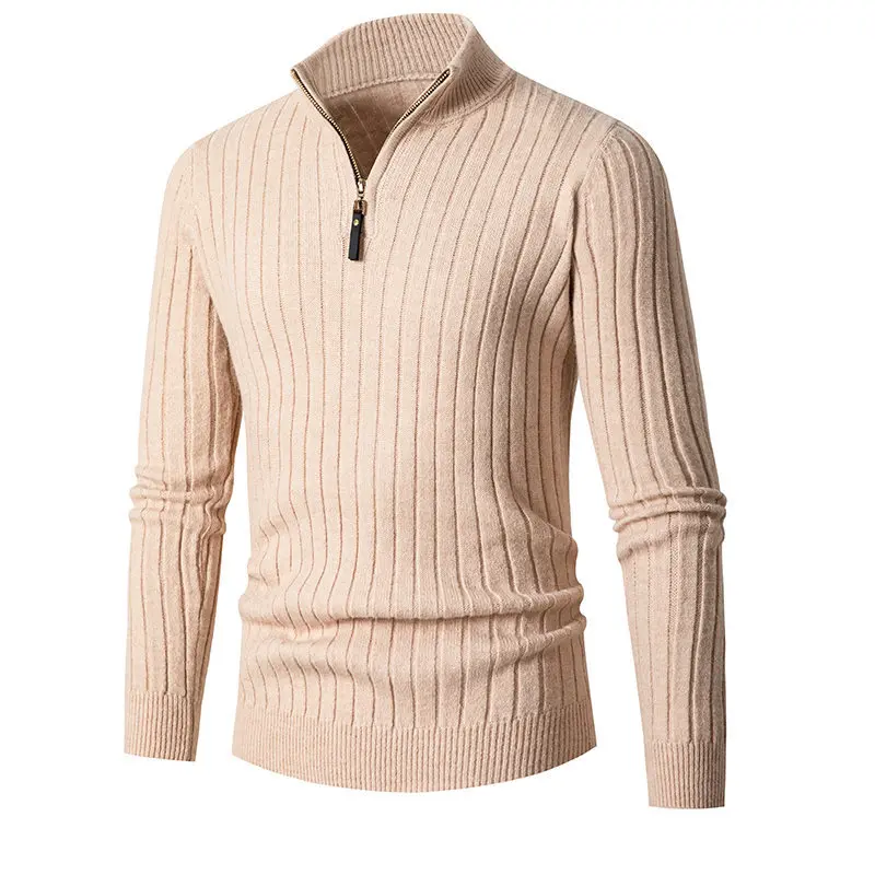 Nový jesenný a zimný pánsky vertikálny pruh s dlhým rukávom Poly High Golier Zipper Spodný pletený sveter Pánsky sveter