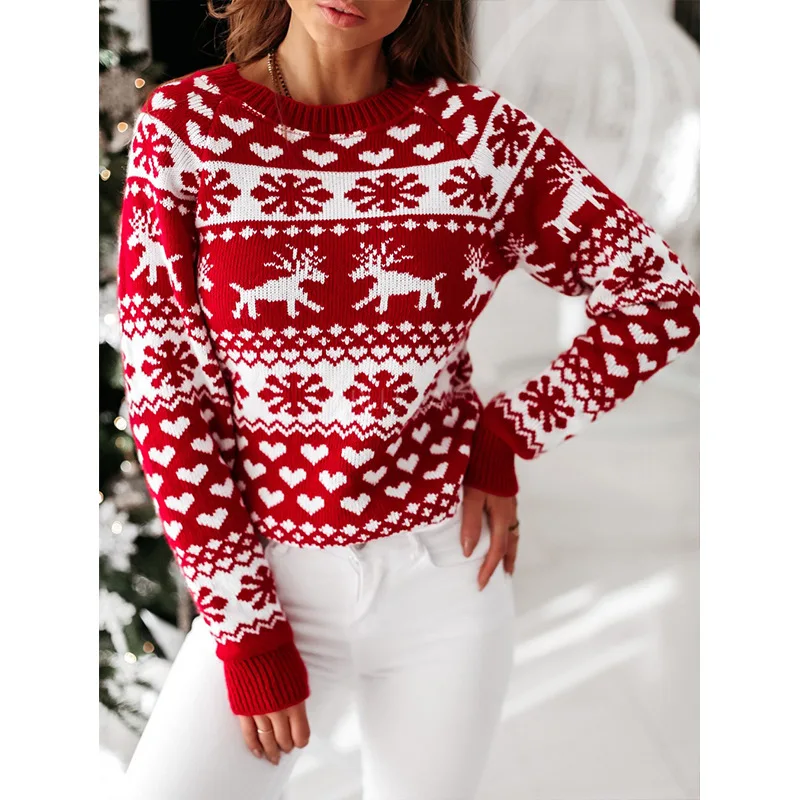 Nový jesenný zimný pletený sveter Dámsky okrúhly krk Pullover Vianoce Elk Snowflake s dlhým rukávom pletený sveter