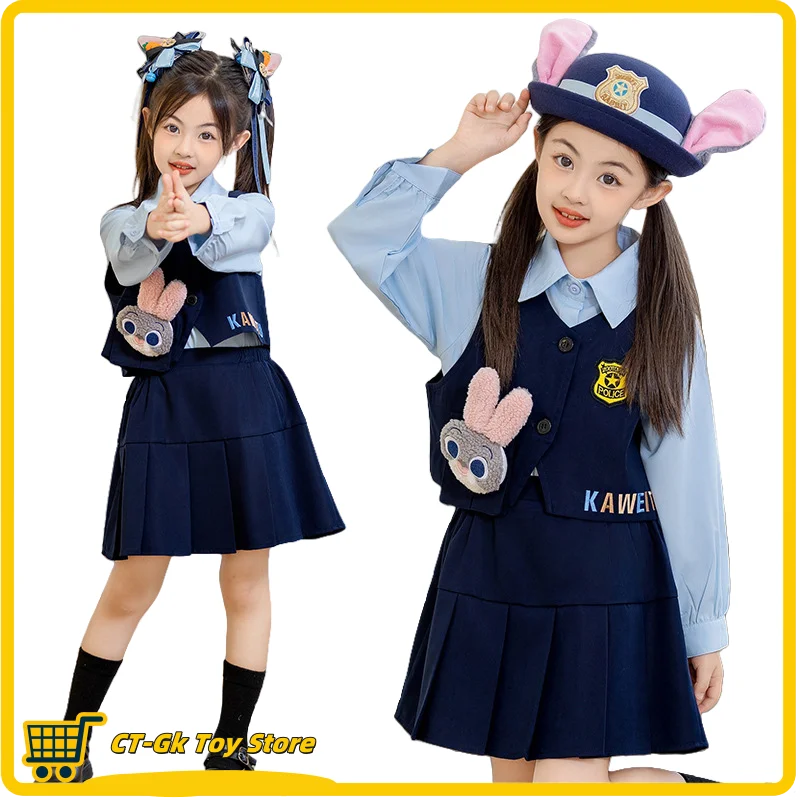 Nový jeseň Rabbit Cosplay Gril's Police Officer Suit College Wind Judy Shirt Vesta Striekovaná sukňa troch darčekov k narodeninám