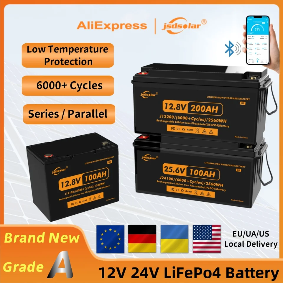 NOVÝ JSDSOLAR 12V 24 V LIFEPO4 batéria 100AH ​​200AH Bluetooth Solar Litium Batéria 6000 cyklov s BMS pre domácu solárnu sústavu