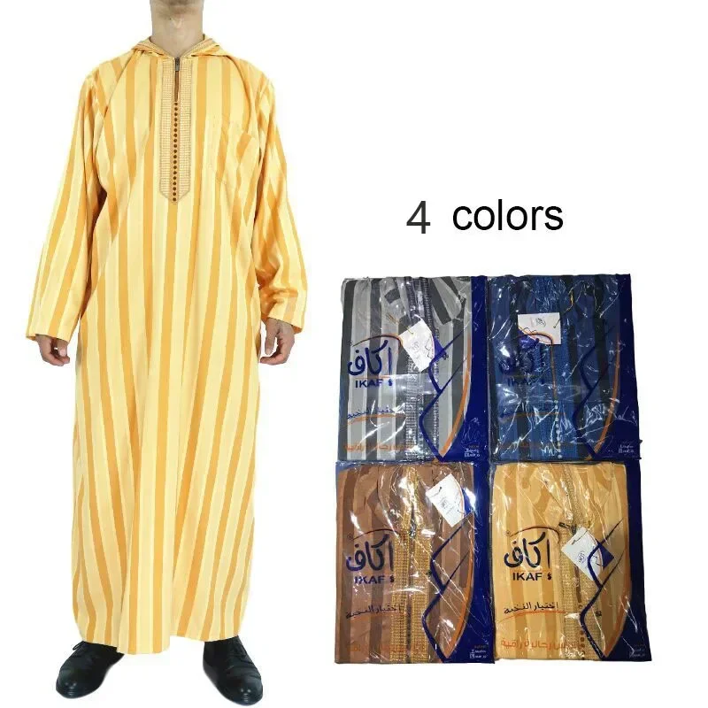 Nový katarský moslimský marocký dizajn s kapucňou s dlhým rukávom Islamská bavlna a ľanový pruh arabský kaftan muži uctievajú Aba Mn9