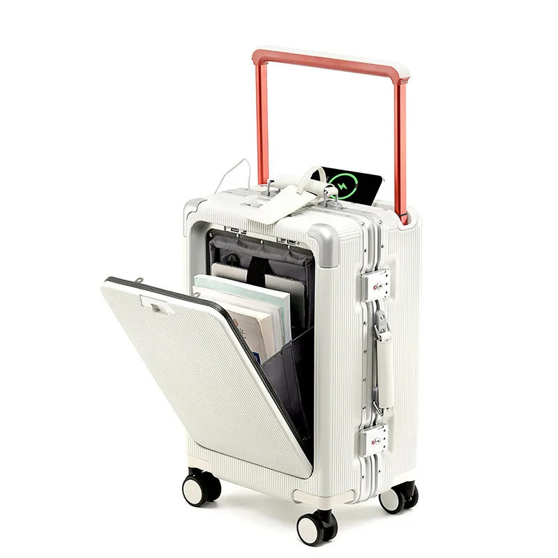 Nový kufrový široký rukoväť predná otváracia batožina s držiteľom USB Cup Držiteľ 20/26 palca Cabin Cabin-On Travel Bags Heslo Trolley puzdro