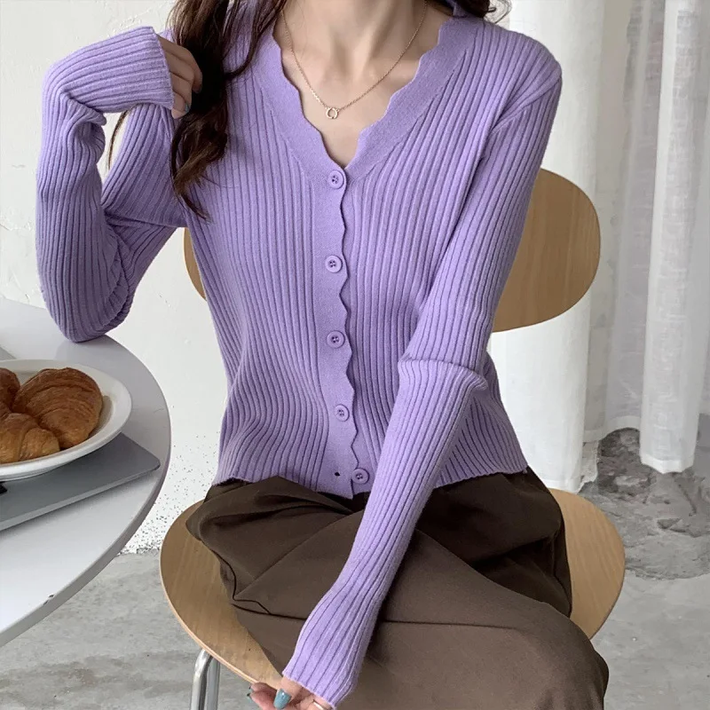 Nový kórejský štýl Trendy V-krstné jadro priadza Slim Fit všestranná základňa kardigan pletená top pre ženy