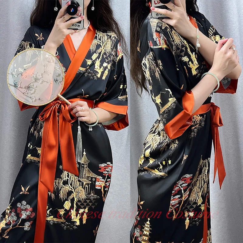 Nový luxusný kimono župan župany Ženy Elegantné tlačové kvetiny saténové nočné košele Dlho voľné spánkové oblečenie dámy Príležitostné salópanie