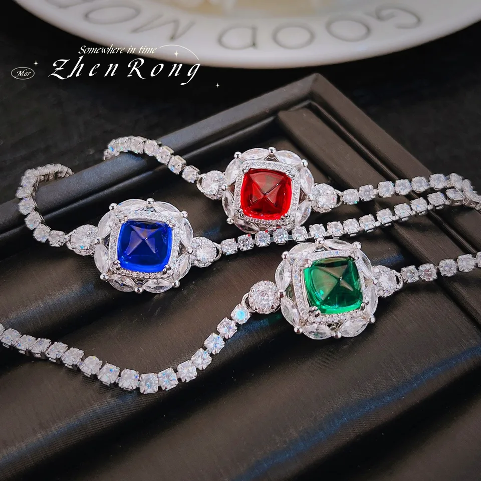 Nový luxusný princezný štvorcový laboratórium Sapphire Sugar Tower Strieborná farba tenisové náramky pre ženy Charm 17 cm reťazové jemné šperky