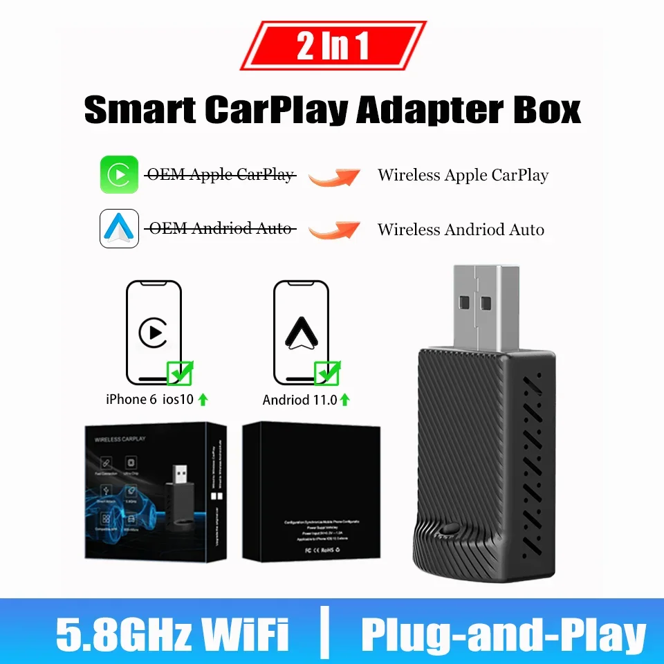 Nový Mini Android a Apple CarPlay Car Smart Adapter pre káblové auto pre Android a Apple CarPlay Bluetooth Wi -Fi Wired to Wireless