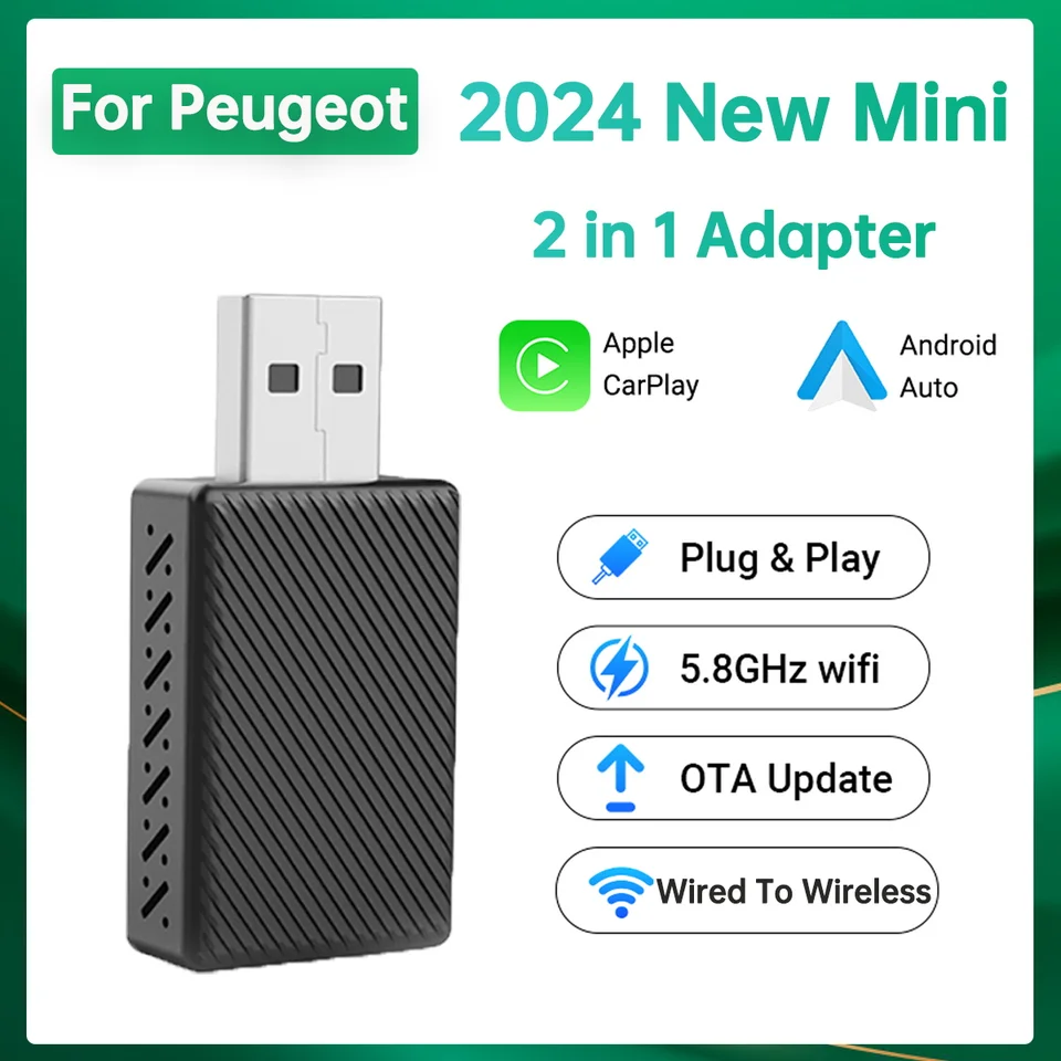 Nový mini CarPlay Box 2in1 zapojený do bezdrôtového CarPlay Android Auto Plug and Play Mini Adapter Auto Connect SmartBox pre Peugeot