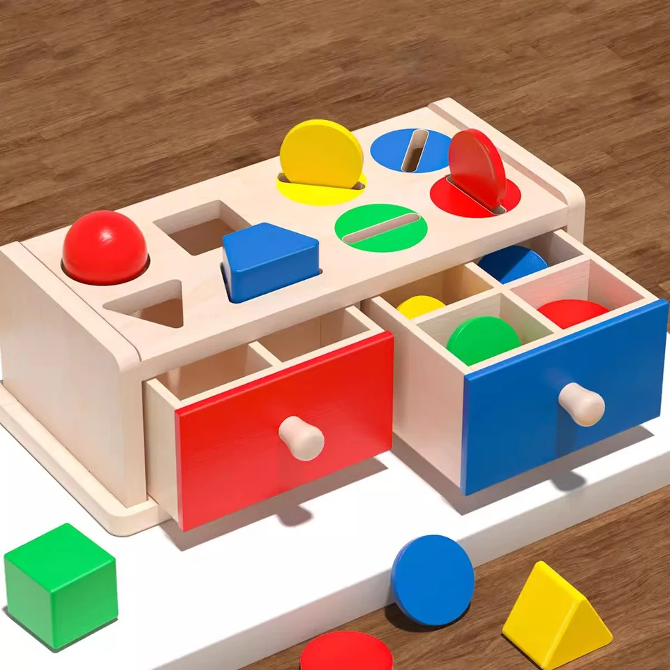 Nový Montessori Drevená tvarová farebná zhoda Coin Box Trvalá dvojitá zásuvka detské senzorické hračky Radish Blocks Box Hračky pre darček