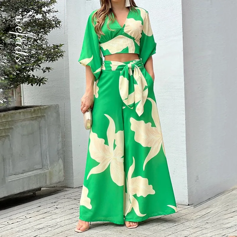 Nový módny boho tlačený vysoko pásový set sexy dámsky v krku Vysvarený pás šnurovanie ležérne široké nohavice