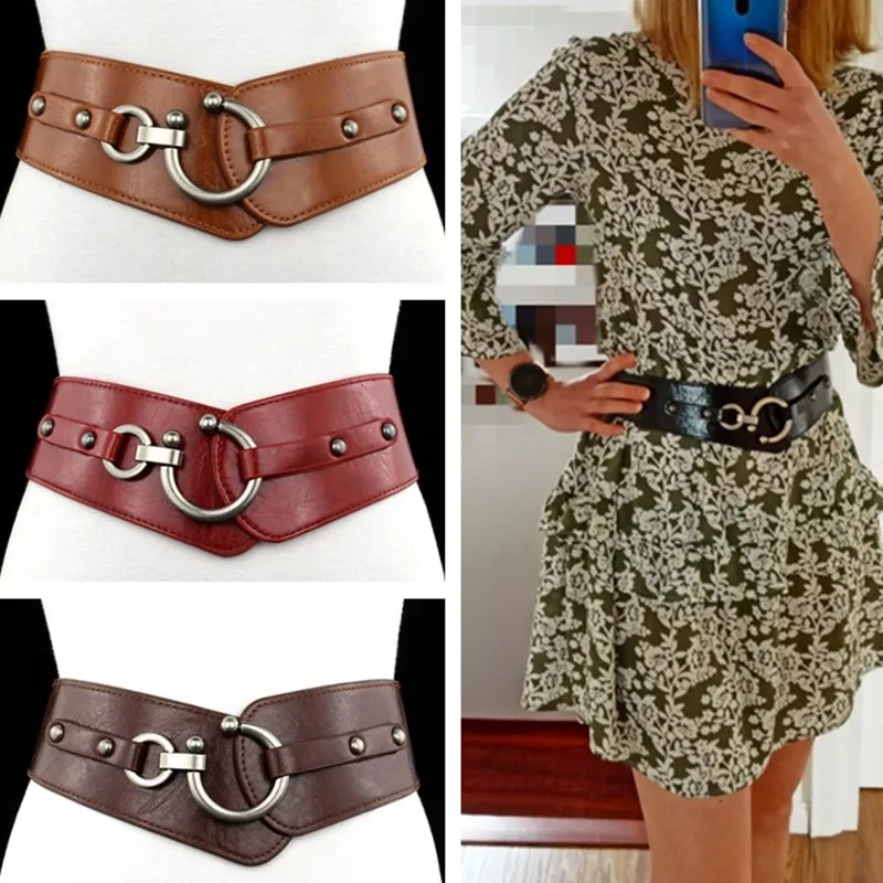 Nový módny elastický široký pásový remienok Vintage Ženy Faux kožená spona elastický široký pásový remienok Spevný farebný pás