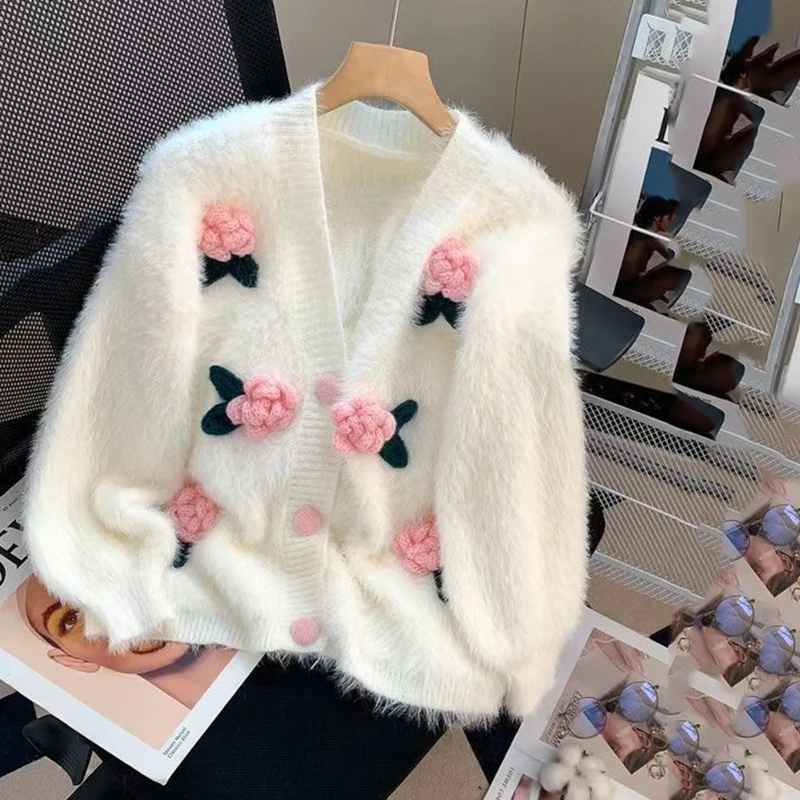Nový módny faux Mink Fur Cardigan Sweater bunda pre dámske trojrozmerné kvetinové mäkké štýl voľný top