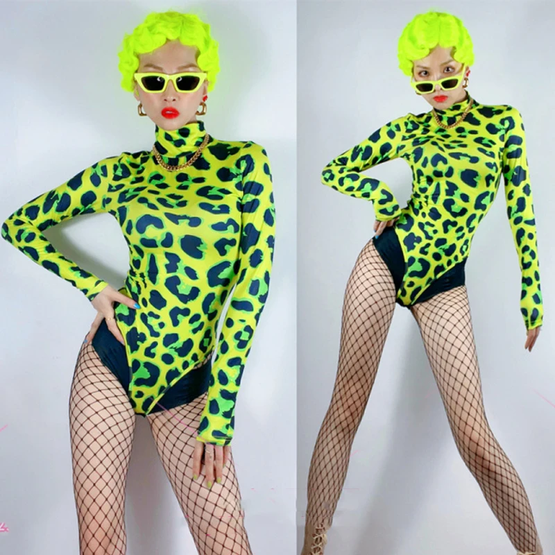 Nový neón zelený leropard BodySuit dlhé rukávy Ženy Singer Stage Costume Jazz Gogo Dancer Dance Clothing Rave Wear DNV15196
