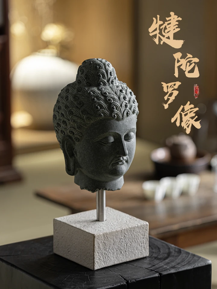 Nový nový čínsky zenový štýl Blue Stone Gandhara Hlava rezbársky buddha hlava dekorácia domov obývacia izba Vstupná dekorácia